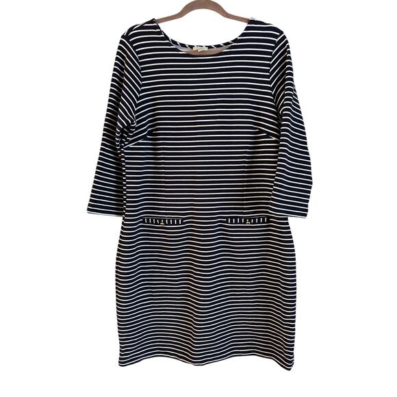 Talbots Knit Dark Navy/White Striped Dress 3/4 Sleeve Classic Shift Size 14P - Picture 1 of 6